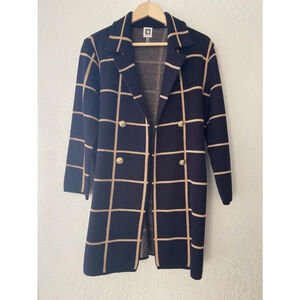 Women's Anne Klein Cardigan Sweater M Navy Tan Plaid